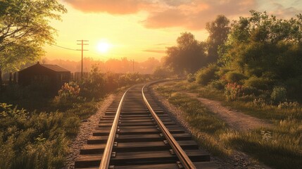 A quiet country scene with wooden train tracks leading into the sunset, capturing the tranquility and charm of rural railways.