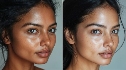 Before and after of a woman, showing skin brightening results from cosmetic procedures