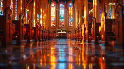 Obraz premium In a serene church, soft light illuminates the altar as a parishioner engages in a private moment of confession, reflecting deep spirituality