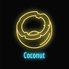 Neon sign illustrating half a cracked coconut glowing on black background