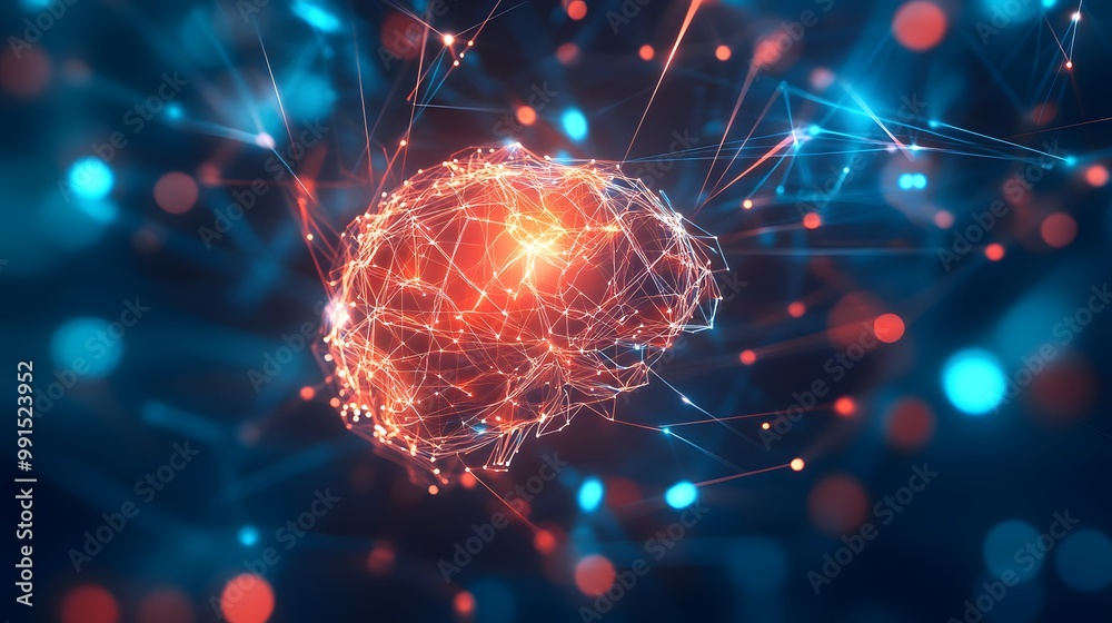 Poster abstract representation of a brain with interconnected lines and glowing points