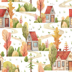 Cozy village wallpapers for kids room, nursery. Hand-painted watercolor cute houses with green meadow, trees, garden and pathways © Daria Doroshchuk