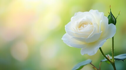 Close-up of a white rose with a clean, blurred background, providing ample space on the right side for text or logos.