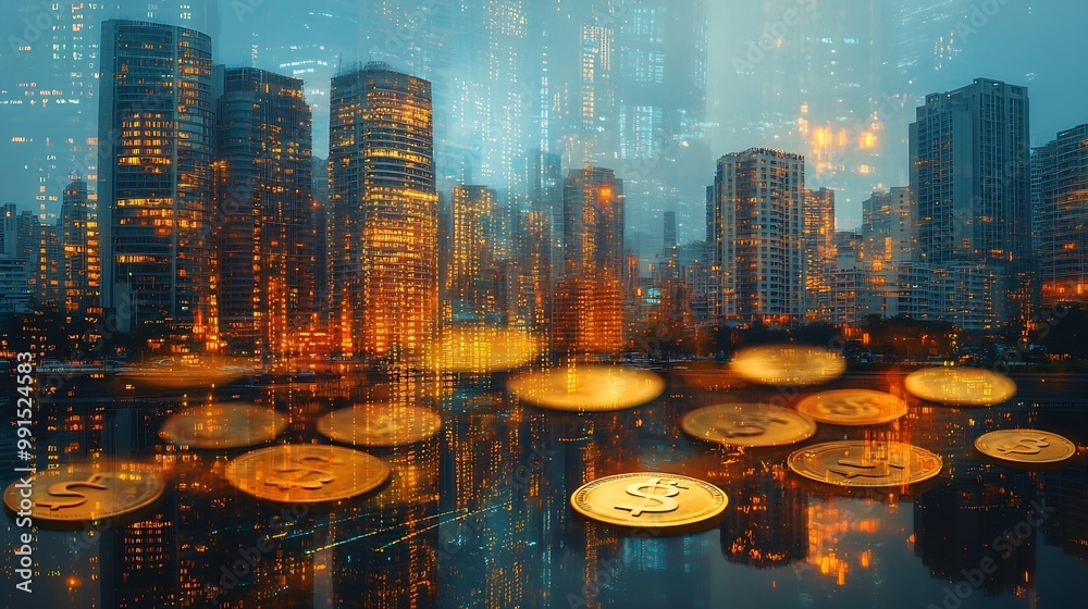 Poster Double exposure of city and rows of coins with stock and financial graph on virtual screen Business Investment concept : Generative AI