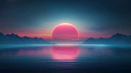 A stunning digital landscape featuring a pink sun setting over tranquil waters, framed by distant mountains under a starry sky.