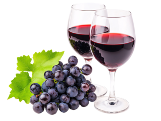 a couple of wine glasses next to a bunch of grapes