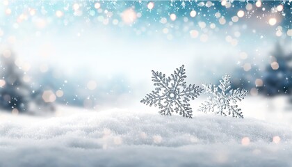 Silver Sparkling Snowflakes Falling Gently over a snowy landscape, with a dreamy background of softly blurred Christmas lights and twinkling stars in the night sky. Made with Generative AI Technology