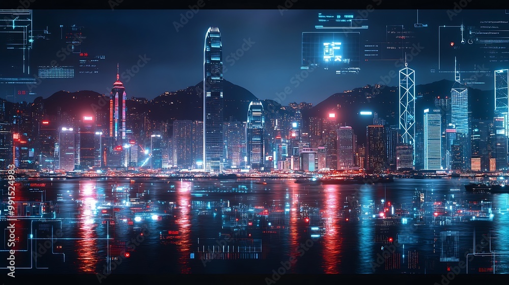 Aufkleber Smart network and Connection technology concept Hong Kong digital city background at night in victoria harbour Cyberpunk color style Panorama view : Generative AI