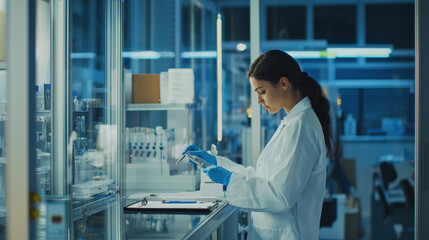 A focused scientist in a lab coat conducts research in a modern laboratory filled with scientific equipment and glassware.