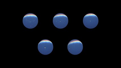 a set of blue clear circles, empty stationery tacks, front view, isolated metal push rounded pins on black background