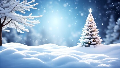 Snow-Covered Christmas Tree with softly glowing lights and a snowy background. Made with Generative AI Technology