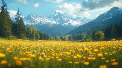 Obraz premium Idyllic mountain landscape in the Alps with blooming meadows in springtime : Generative AI