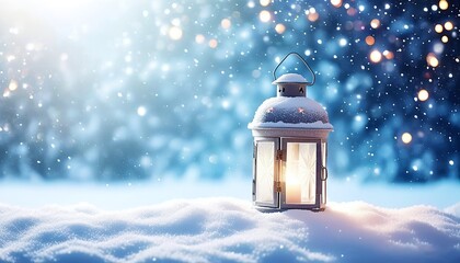 Snow-Covered Lantern with a soft glow and a background of twinkling holiday lights. Made with Generative AI Technology