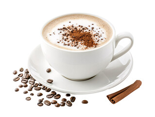 a cup of coffee with cinnamon sticks and coffee beans