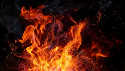 Obraz premium Energetic blaze action. Thrilling offers. Cyber week. Bright shades of orange and red flames emit sparks, highlighted on a dark backdrop for marketing strategies