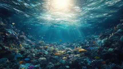 Vibrant underwater scene with coral reefs and sunlight beams, serene ocean ambiance.