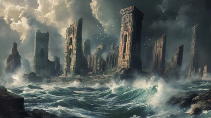 The ruins of Atlantis, ocean waves crashing into the remains of ancient towers