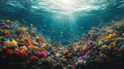 Fototapeta premium Vibrant underwater scene featuring colorful corals and fish in clear ocean waters.