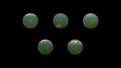 a set of green aged circles, rusty stationery tacks, front view, isolated metal push rounded pins on black background