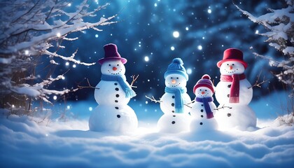 Snowman Family with scarves and hats, standing in a snowy yard with twinkling lights. Made with Generative AI Technology