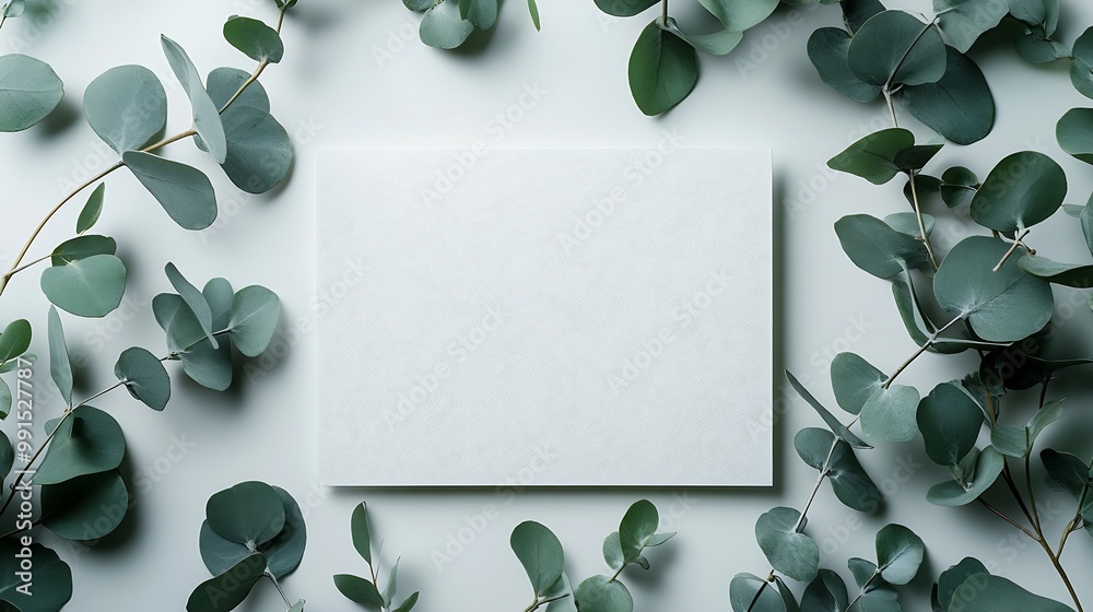 Poster mockup invitation blank greeting card and green leaves eucalyptus flat lay top view : generative ai