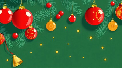 Naklejka premium A deep green background with red and gold decorations, Christmas ornaments, illuminated lights, pine trees, and berry fruits placed 深い緑色の背景に赤とゴールドの装飾やクリスマスオーナメントとイルミネーションライトや松の木、ベリーの実がおかれている 