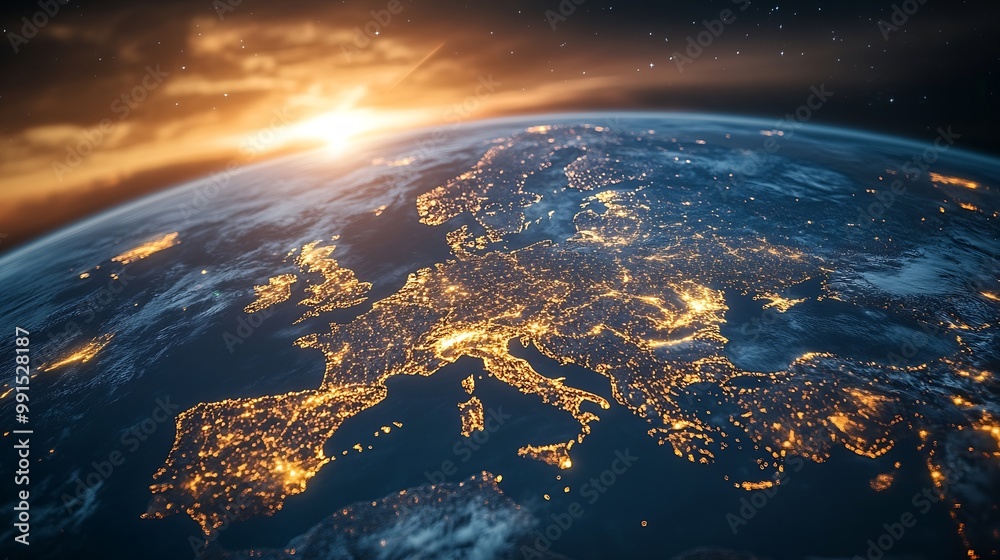 Aufkleber Communication technology with global internet network connected in Europe Telecommunication and data transfer european connection links IoT finance business blockchain security : Generative AI