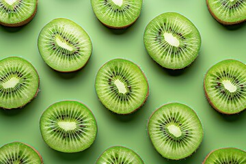 Fototapeta premium Kiwi Delight: A vibrant pattern of sliced kiwi fruit on a pastel green background. Fresh, juicy, and visually appealing, perfect for healthy eating concepts. 