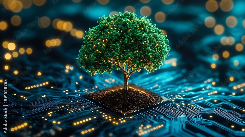 Leinwandbilder Tree with soil growing on  the converging point of computer circuit board Blue light and wireframe network background Green Computing Green Technology Green IT csr and IT ethics Concep : Generative AI