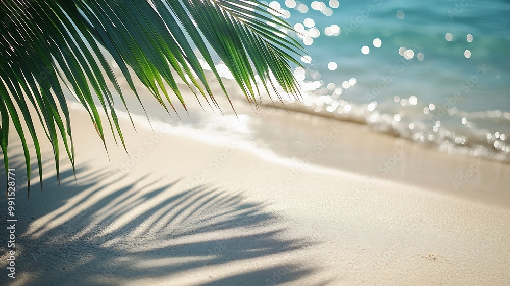 Aufkleber palm leaf shadow on abstract white sand beach background sun lights on water surface beautiful abstr