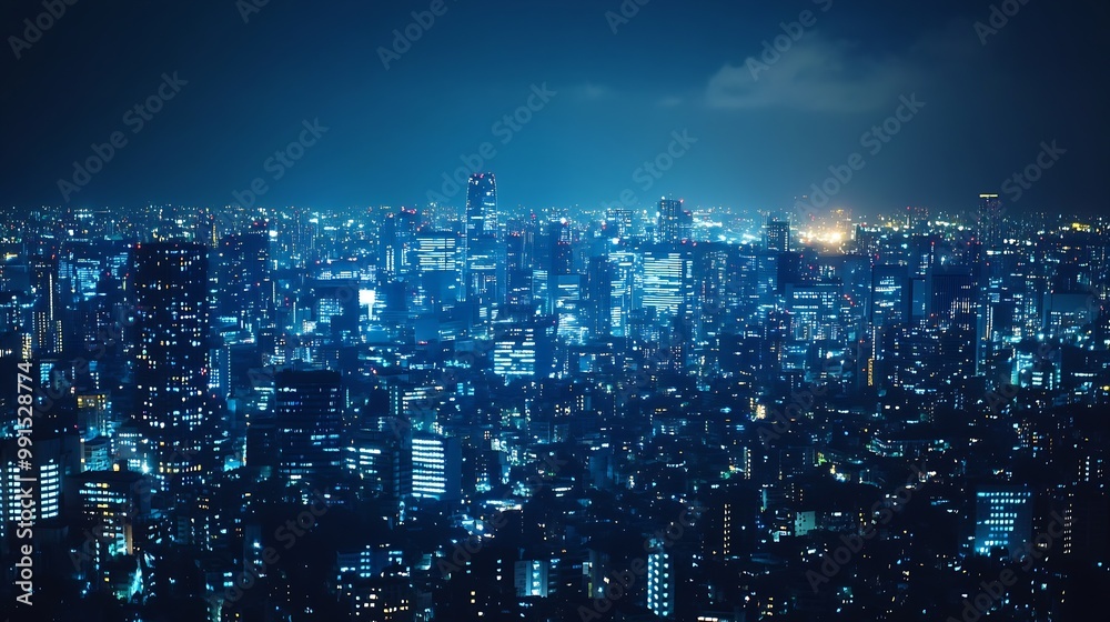 Poster Modern city with wireless network connection and city scape conceptWireless network and Connection technology concept with city background at night : Generative AI