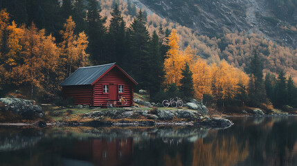 Red cabin by a lake with a bicycle parked outside in a scenic mountain setting
