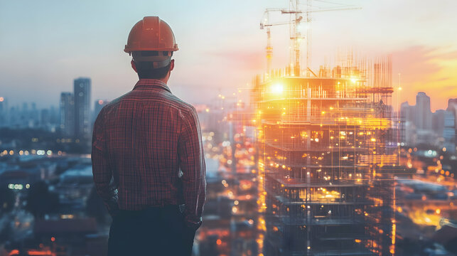 rear view of professional engineer manager standing concentrate focus multi exposure with building construction industry background construstion engineer concept  illustration