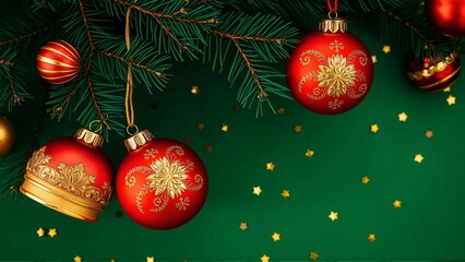 深緑の背景にクリスマスツリー、松の枝、赤とゴールドのオーナメント、冬の装飾品と贈り物

Christmas Tree, Pine Branches, Red and Gold Ornaments, Winter Decorations, and Gifts on a Deep Green Background

