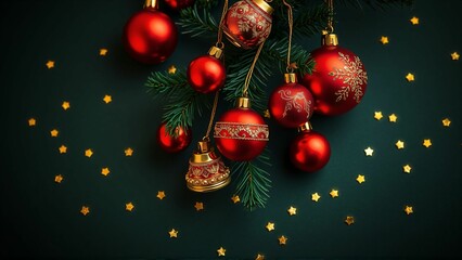 深緑の背景にクリスマスツリー、松の枝、赤とゴールドのオーナメント、冬の装飾品と贈り物

Christmas Tree, Pine Branches, Red and Gold Ornaments, Winter Decorations, and Gifts on a Deep Green Background

