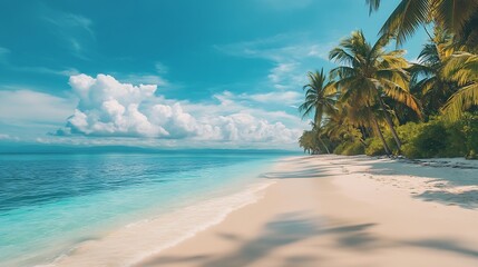 Beautiful beach with white sand turquoise ocean green palm trees and blue sky with clouds on Sunny day Summer tropical landscape panoramic view : Generative AI