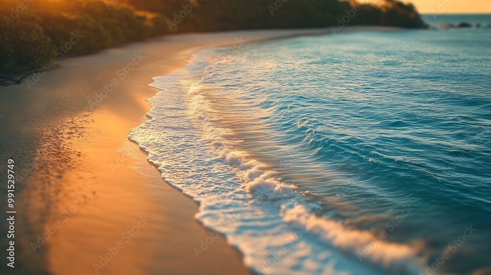 Poster beach in sunset time tilt shift soft effect : generative ai