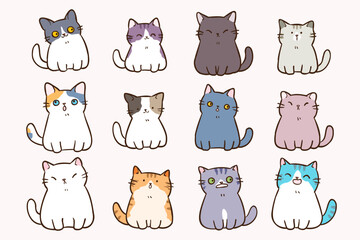 Vector Illustration of Cute Cartoon Cat Characters on Isolated Background