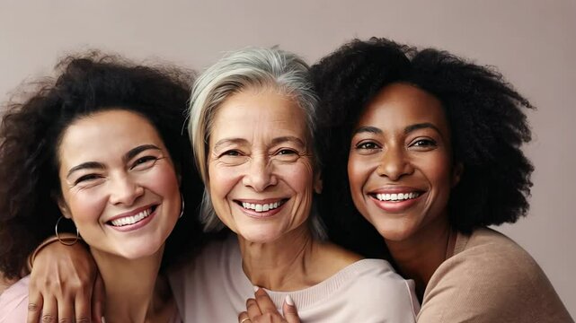 Three women of different ages are smiling and hugging