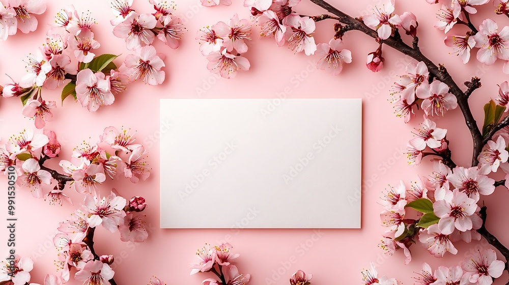 Poster minimalistic card mockup with cherry branch flower craft envelope blossom flat lay top view : genera