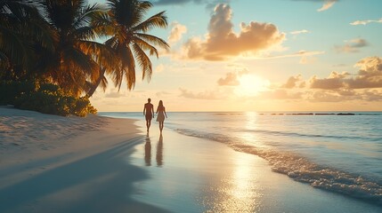 A couple walking in the morning sunshine on a tropical beach baa atoll maldives : Generative AI