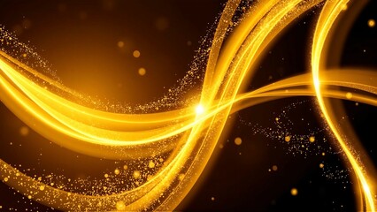 Obraz premium 黒い背景に光り輝く金色の粒子たちが風になびくように流動的な曲線を描いている On a black background, sparkling golden particles flow in fluid curves as if swaying in the win