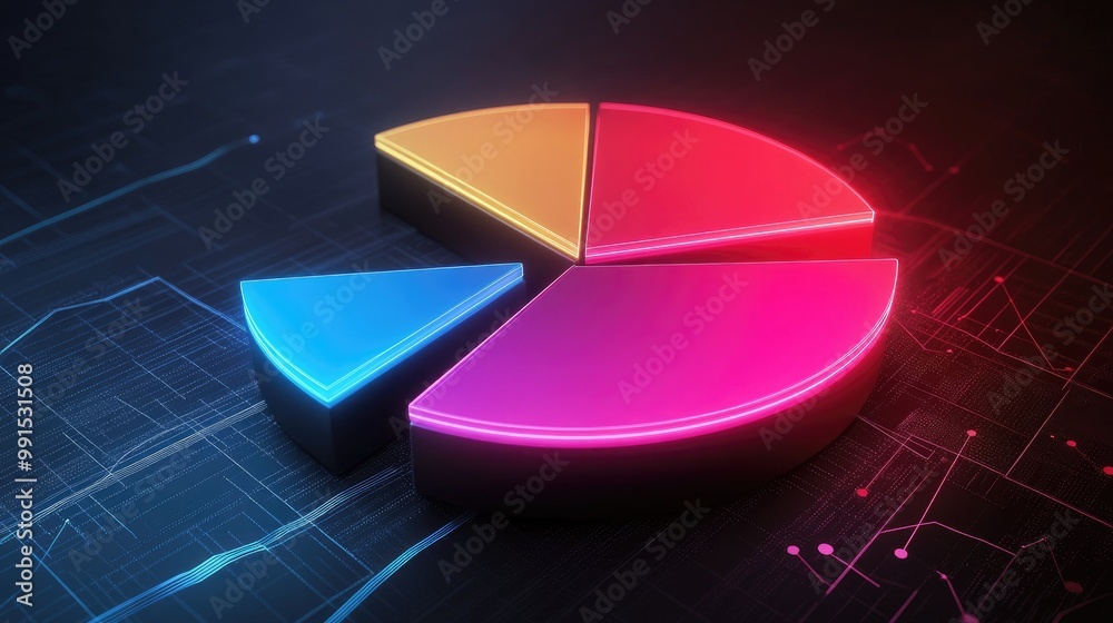 Poster a segmented 3d pie chart with neon-colored slices rotating on a dark background, representing data a