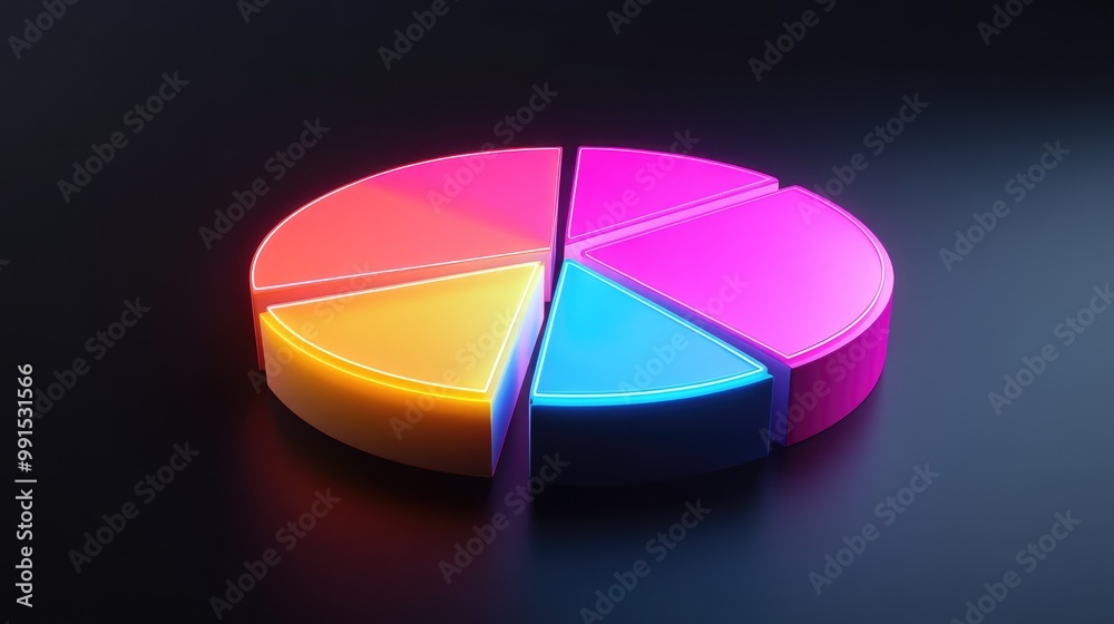 Poster a segmented 3d pie chart with neon-colored slices rotating on a dark background, representing data a
