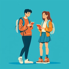 Two students with backpacks engaged in conversation while using their smartphones indoors