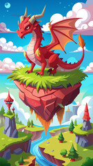 Fantasy red dragon on floating islands. Fairy tale magic monster, medieval mythology beast with wings on ground pieces of summer landscape flying in sky with white clouds, vector cartoon illustration