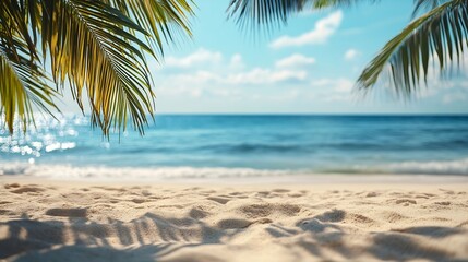 Fototapeta premium Empty tropical beach background Horizon with sky and white sand : Generative AI