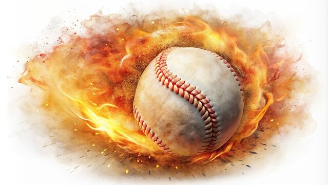 Flaming baseball watercolor clipart with depth of field, red, flame effect, artistic,sports, vibrant, motion blur, orange, sporting event, clipart, baseball, dynamic, fire, digital