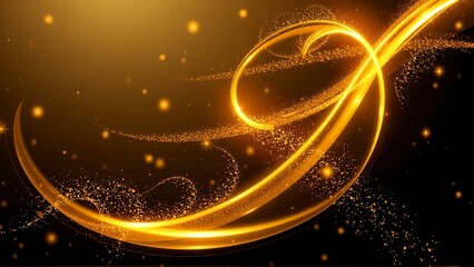 きらきらと光り輝いている流動的な粒　黒い背景　ロングエクスポージャーの光のペインティングイラスト曲線状の鮮やかなネオンメタリックの黄色と金色のライン
Long exposure light painting photography, curvy lines of vibrant neon metallic yellow gold against a black background
