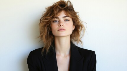 Fototapeta premium A confident woman with wavy hair wears a structured blazer, embodying professional elegance